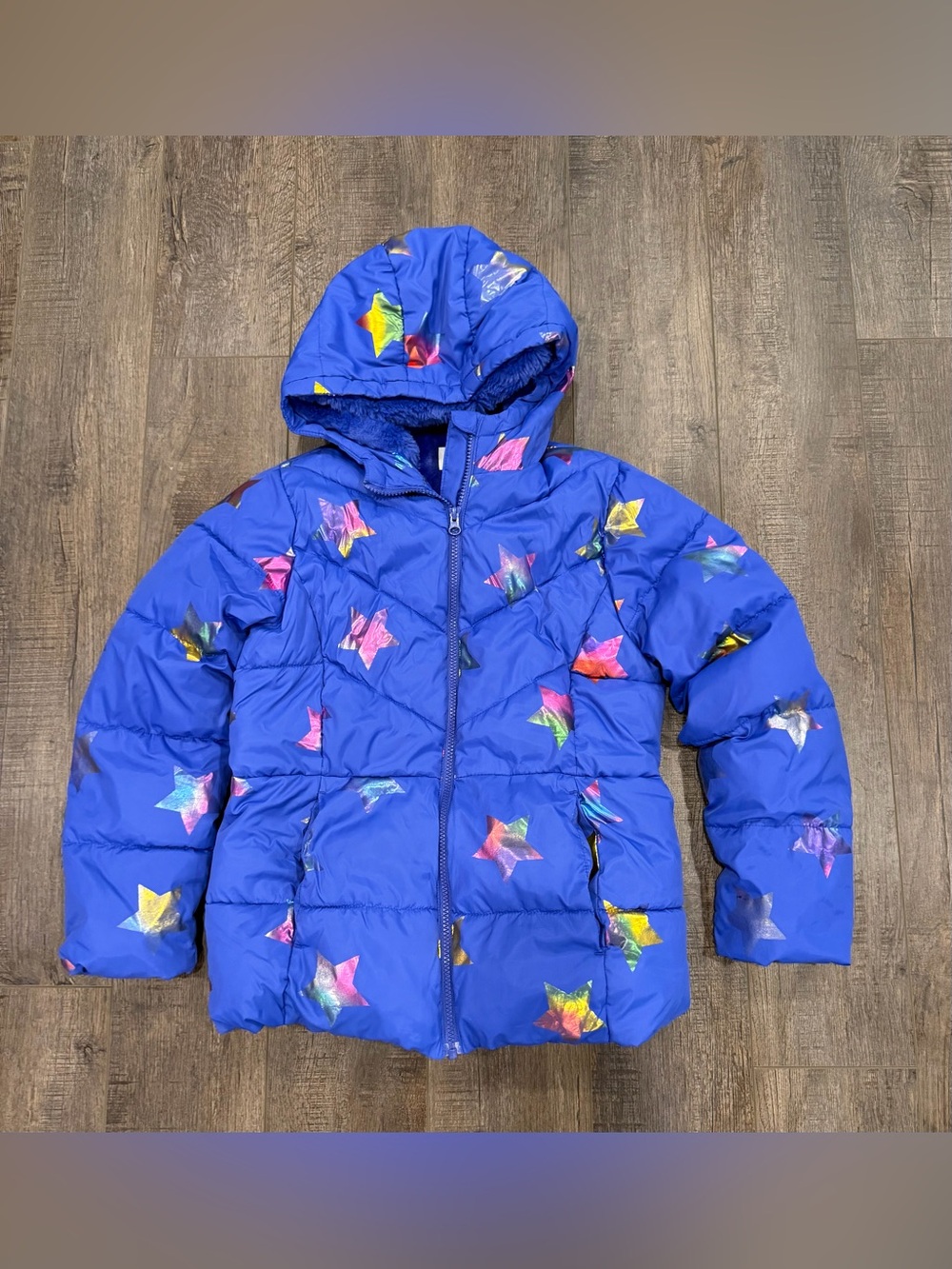 Wonder Nation Girls Blue Puffer Jacket Rainbow Holographic Stars Hooded